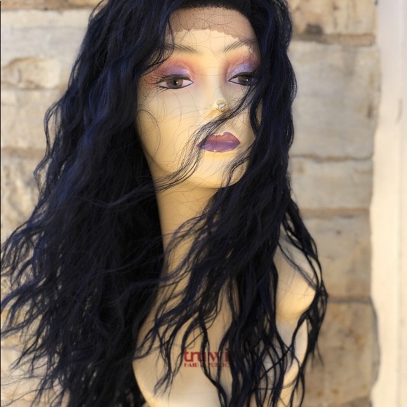 Long blue curly Freeparting wig main image 10